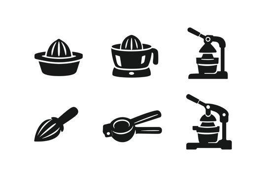 Collection of black icons representing various citrus juicers and reamers for fresh beverage preparation