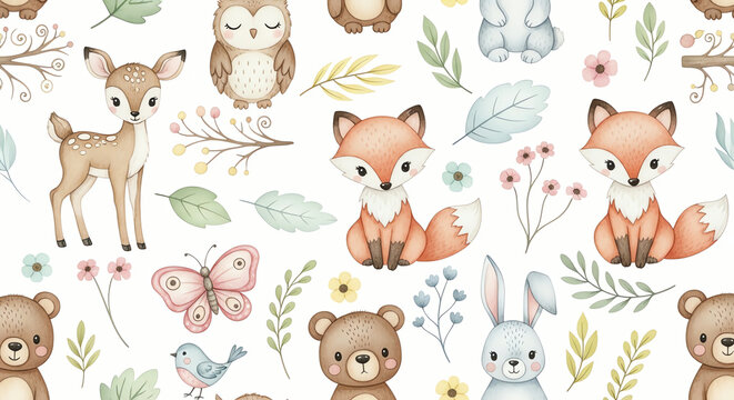 Cute Woodland Animals Seamless Pattern: Baby Deer, Fox, Owl, Bear, Bunny, Butterfly
