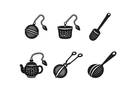 Collection of six different black silhouette tea infusers and strainers on white background