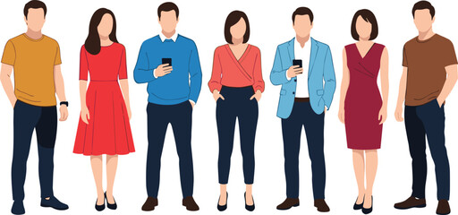 Obraz premium Flat minimalist illustration of diverse people standing in a row, modern corporate characters in solid colors, professional social group stock vector