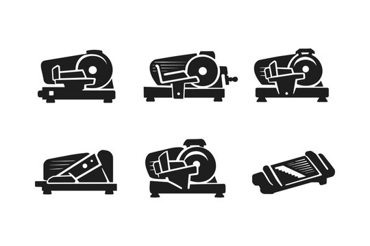 Collection of six black icons representing different types of food slicers and mandolines