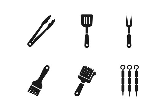 Collection of black barbecue grill tools and accessories icons on white background