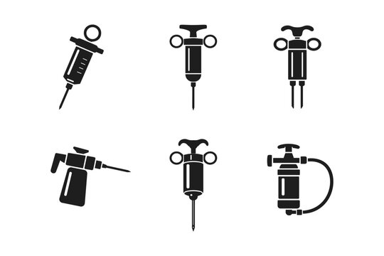 Collection of six black silhouette icons representing various types of syringes and injectors