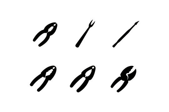 Collection of black silhouette icons for seafood and nut cracking tools