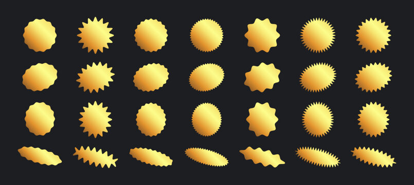 Zigzag oval golden frames. Shiny gold wavy edge oval borders, decorative wavy frames flat vector illustration set. Curved sharp frames isolated on dark background