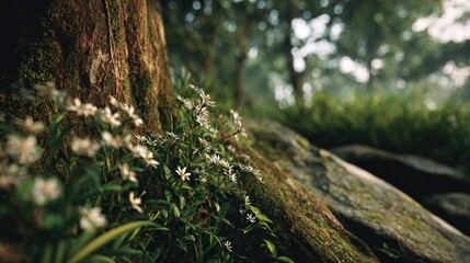 Obraz premium Lush forest floor with wildflowers near mossy tree trunk and blurred background