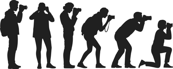 Photographer silhouettes set capturing images with camera in different poses representing professional photography, media work and creative shooting concept in vector style © Azom