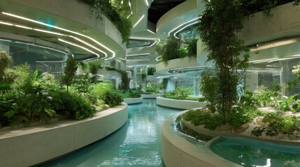 Fototapeta premium Futuristic indoor botanical garden with water features
