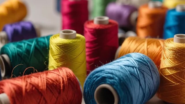 Vibrant spools of thread in various colors, perfect for sewing and crafting projects on a neutral background.