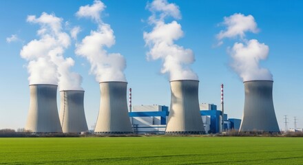 Obraz premium A bright photo of a nuclear power plant's cooling towers emitting steam under a blue sky.