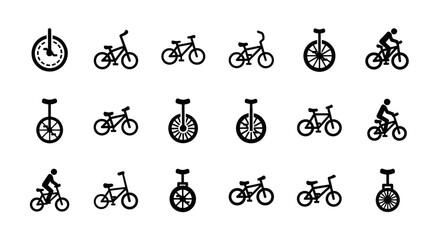 Collection of various bicycle and unicycle icons in a grid layout, showcasing different styles and wheel configurations © Shawn