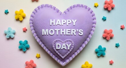Cute 3D render of a purple felt heart for Mother's Day with pastel star decorations