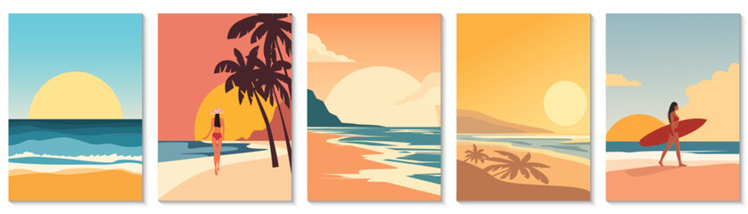 Fototapeta premium Beautiful beach cards with paradise landscapes. Set of beautiful beach landscapes with palm trees, sunrises, and sunsets. A woman strolls along a paradise beach. Vector illustration.