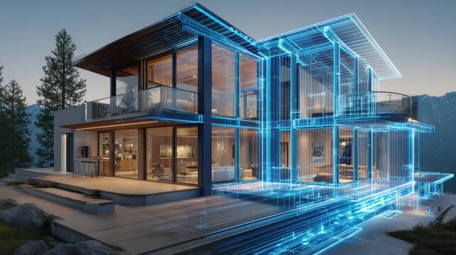 Modern house blueprint with stunning mountain view