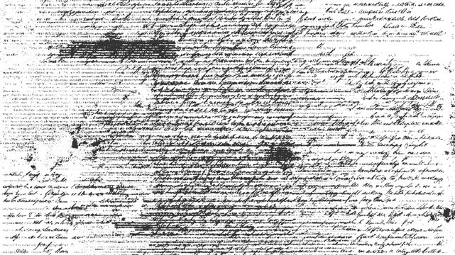 Dense black handwritten script on white paper with scattered dots and smudges handwriting text document