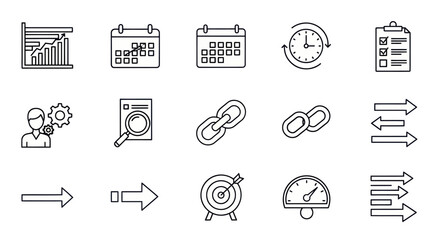 Business icons: workflow, calendar, clock, search, target, and progress.