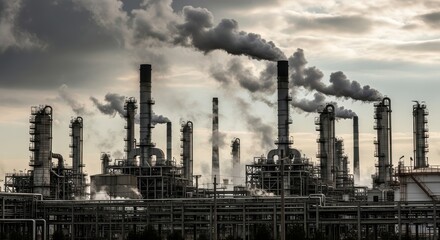 Obraz premium Gritty industrial oil refinery emitting smoke under a dramatic sky, symbolizing global conflict.