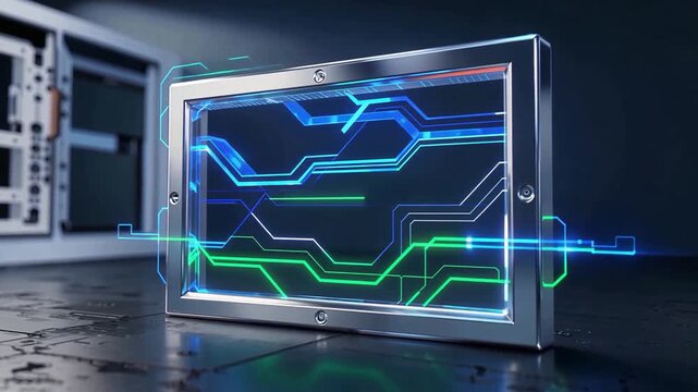 Futuristic data display in server room video.