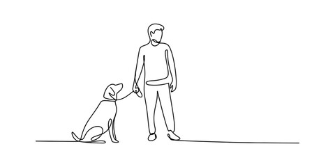 A person stands next to their dog, holding a leash in a continuous line art style. Vector, illustration © RK Drawing Gallery