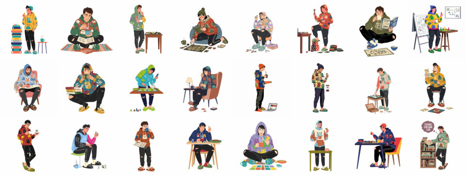Young people enjoying various indoor hobbies like board games, reading, and coffee in comfortable, cozy settings.