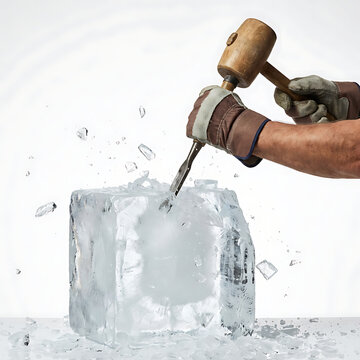 Man sculpting ice with chisel and mallet in bright studio setting  