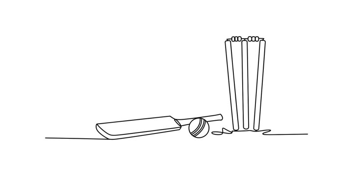 A continuous line drawing illustration of cricket equipment including a bat, ball, and stumps Vector, illustration