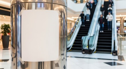 Fototapeta premium Blank sign in a sleek metal stand at a bustling shopping mall with escalators and people in the background