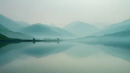 Tableau sur plexiglas Réflexion Serene landscape depicting layered mountains reflected in tranquil water under a hazy sky  © Tasman