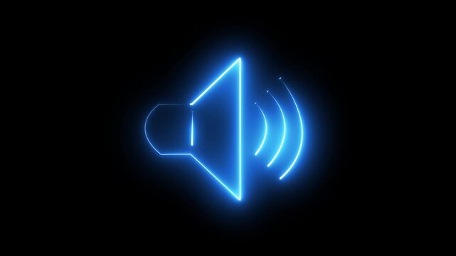 Glowing neon speaker icon with sound waves on a black background.
