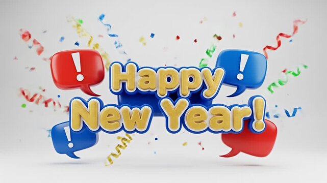 Happy New Year Celebration with Confetti and Speech Bubbles.
