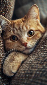 A ginger cat with emerald eyes, cosily settled in a blanket, will be a cute accent for the main background in advertisements for home textiles or family blogs.