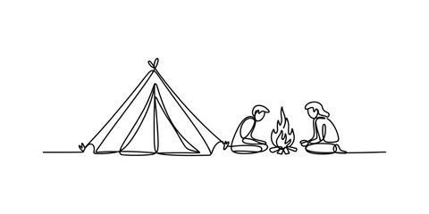 A continuous line drawing illustration of two people camping around a campfire next to a tent Vector, illustration © RK Drawing Gallery