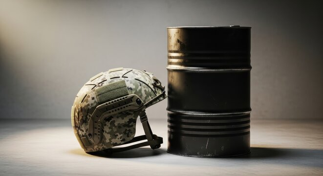 Somber studio shot of military helmet and oil barrel, symbolizing wwiii and global conflict.