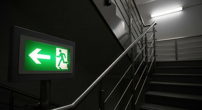 Emergency Exit Sign Illuminates Staircase, Guiding Towards Safety and Evacuation Route