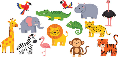Cute African safari animals vector collection featuring cartoon lion, elephant, giraffe, zebra, tiger, monkey, and tropical birds isolated on white background for kids education. © MdSirazul