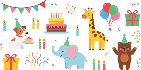 Obraz premium Cute birthday party vector collection featuring kawaii animals like a dog, elephant, giraffe, and bear with cake, balloons, gifts, candles, and colorful confetti.