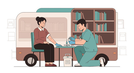 Mobile Clinic: Nurse Administers Blood Test to Patient in Book-Lined Van
