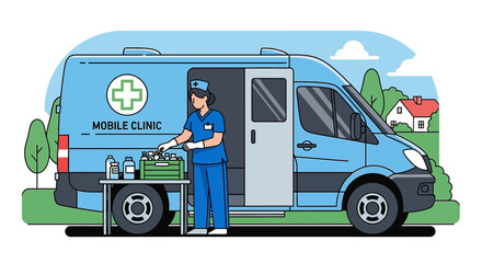 Mobile Clinic Van and Nurse Providing Medical Services Outdoors