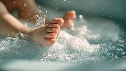 Fototapeta premium Close-up of Childs Feet Splashing in Bubbling Water.