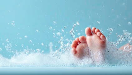 Fototapeta premium Close-up of a babys feet splashing in clear blue water.
