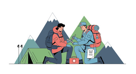 Mountain Rescue: Medic Tends Injured Hiker Near Tent and Mountains