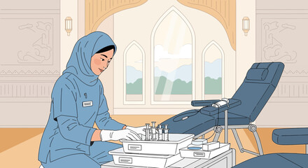 Muslim Nurse Prepares Medical Supplies for Patient Care in Clinic
