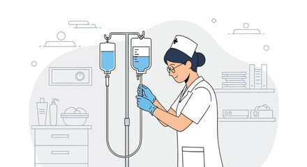 Nurse Adjusting IV Drip Bag for Patient Treatment in Medical Room