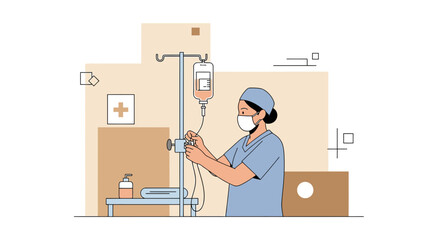 Nurse Adjusting IV Drip for Patient Treatment in Hospital Room
