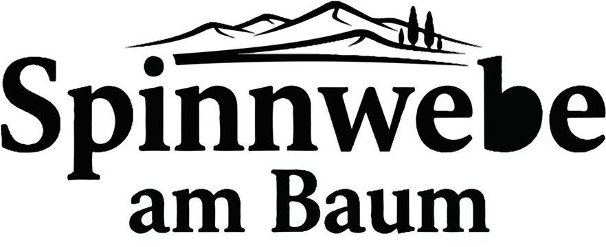 Logo with text "Spinnwebe am Baum" and mountain silhouette
