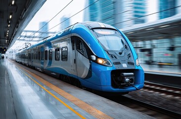 Fototapeta premium Sleek blue and silver train rushes into a modern station, motion blur