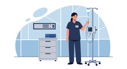 Nurse Adjusting IV Drip Setup in Modern Clinic Room Flat Illustration