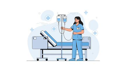 Nurse Adjusts IV Drip Beside Hospital Bed