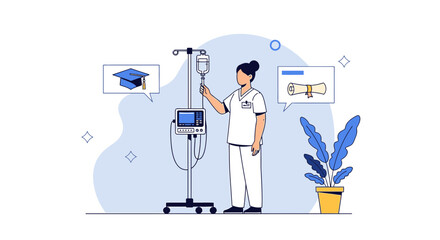 Nurse Adjusting IV Drip with Graduation Cap and Diploma Icons, Medical Education Concept