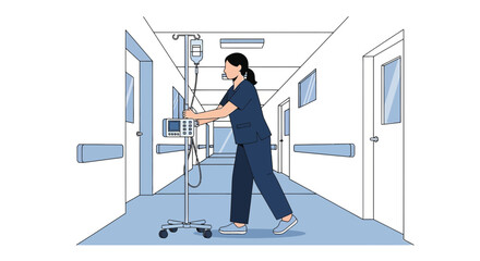 Nurse Adjusts IV Drip Stand in Hospital Corridor